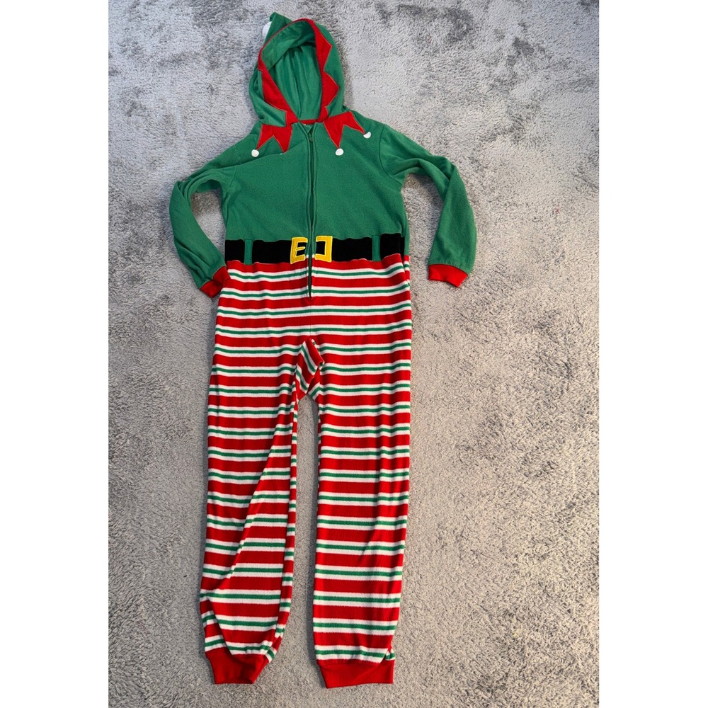 Cat & Jack Kids Elf One Piece Pajamas 12 Green Red Striped Fleece Hooded Zip